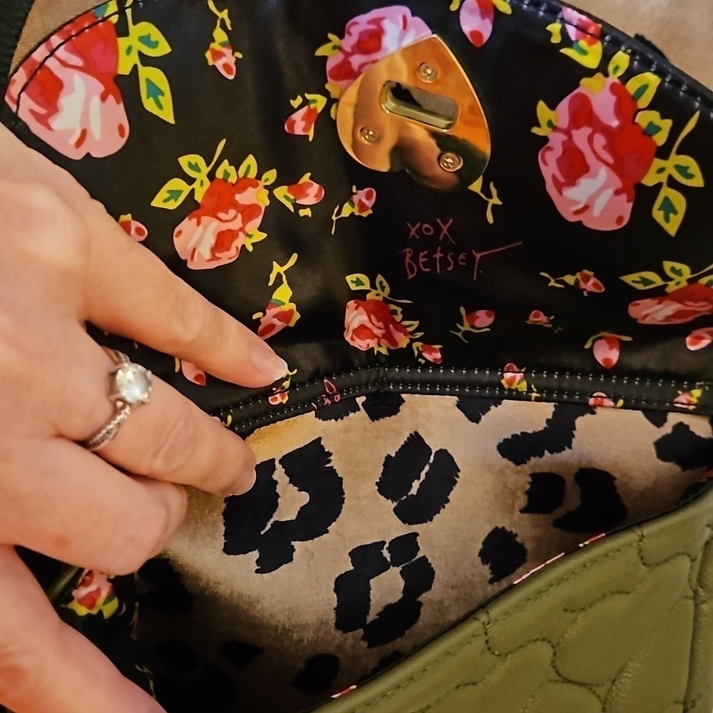 BETSEY JOHNSON Velvet Leopard Print Quilted Olive Green Mini Backpack - Picture 13 of 13